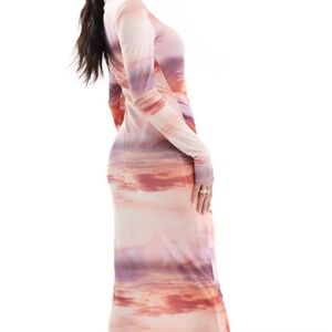 ASOS DESIGN long sleeve mesh maxi dress with ruching in watercolor print